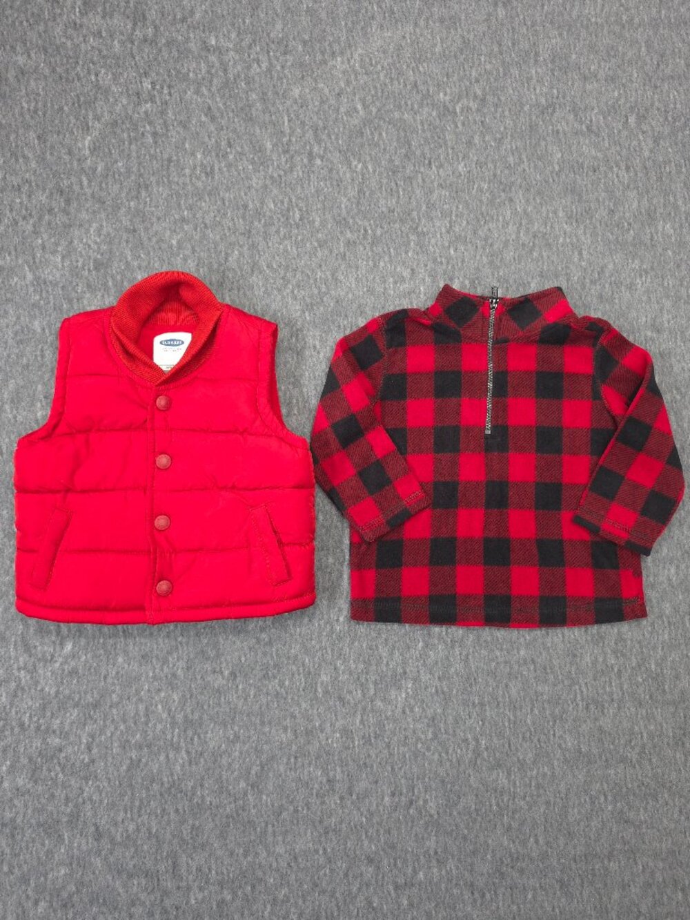 Baby Boy 6-12M 9M Red Puffer Vest Buffalo Plaid Fleece Pullover 2pc Lot